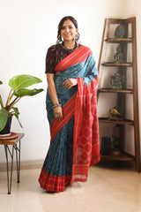 RED AND TEAL LINEN PRINTED SAREE