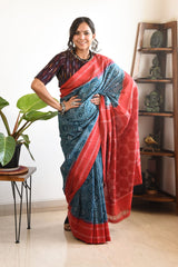 RED AND TEAL LINEN PRINTED SAREE