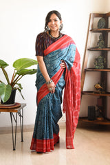 RED AND TEAL LINEN PRINTED SAREE