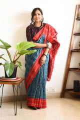 RED AND TEAL LINEN PRINTED SAREE