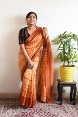 ORANGE LINEN PRINTED SAREE