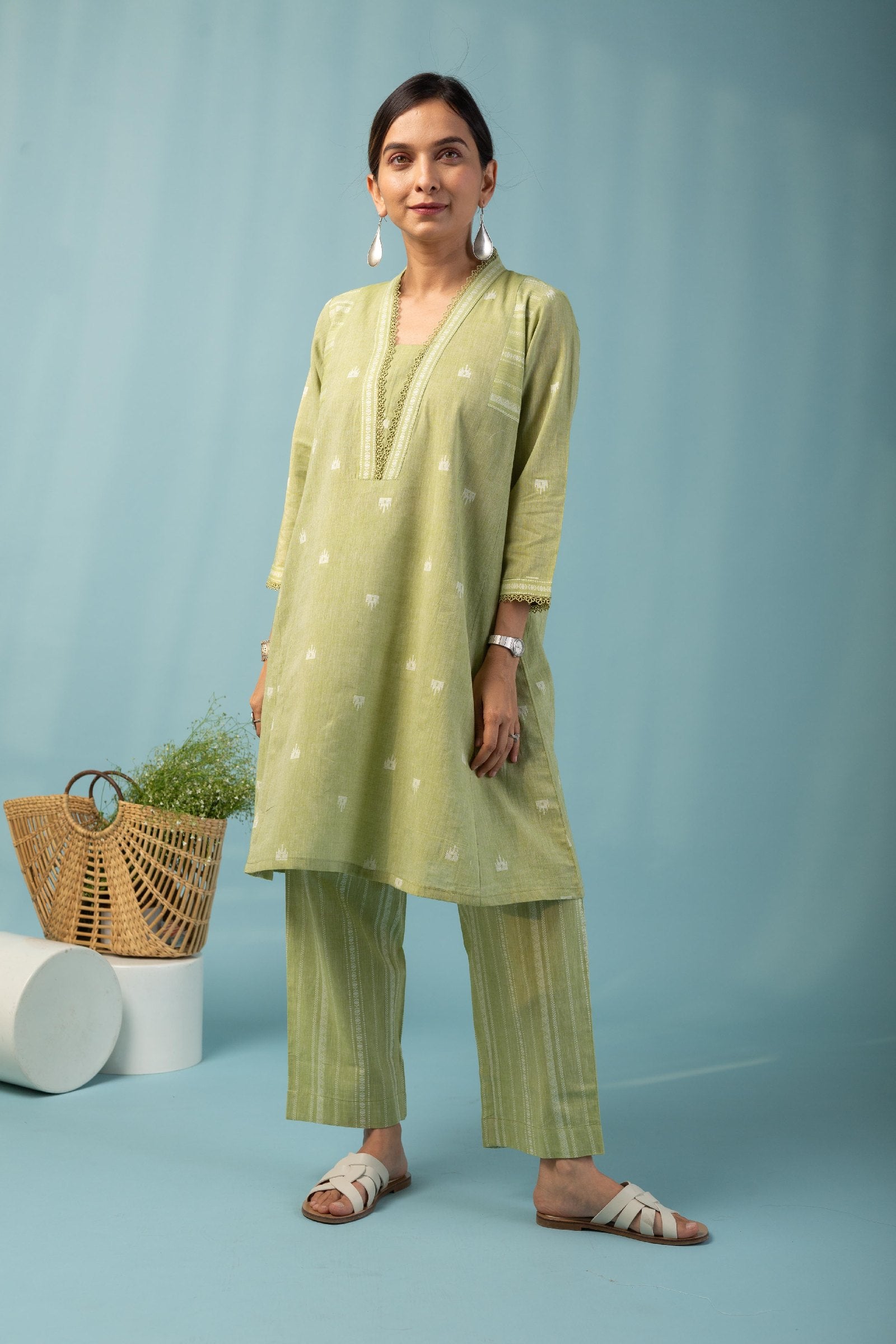 Pista Handloom Cotton Kurta Set