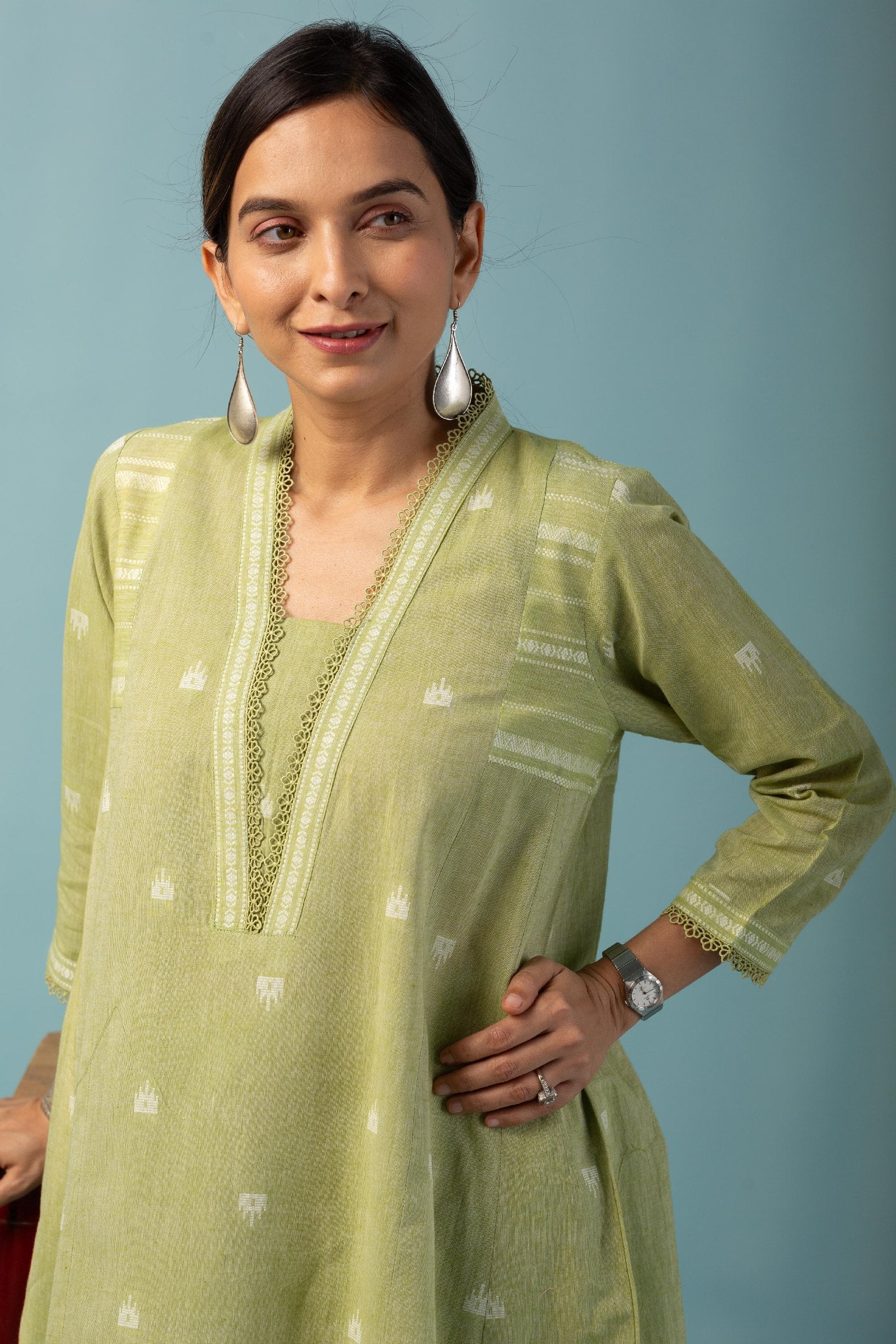 Pista Handloom Cotton Kurta Set