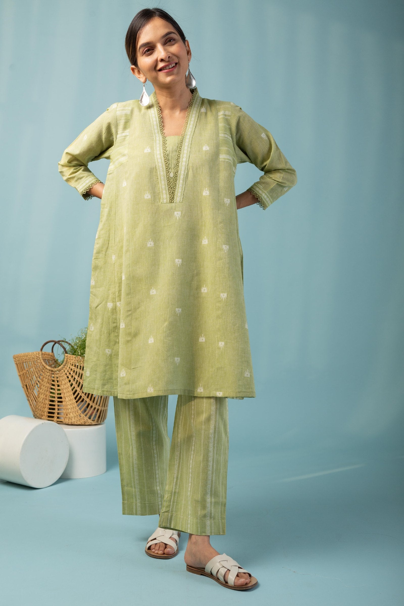 Pista Handloom Cotton Kurta Set