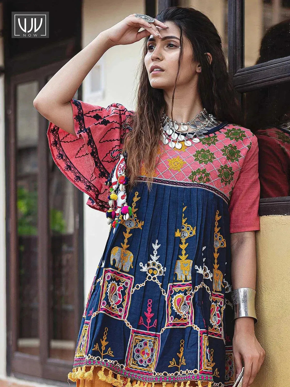 Navy blue khadi Embroidered kedia With one side umbrella sleeve and tulip pants set