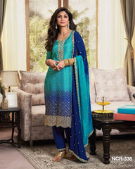 KARVA CHAUTH SPECIAL DESIGNER FANCY PURE CHINNON SILK PRINTED AND SEQUENCE EMBROIDERY WORK SUIT SET