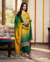 KARVA CHAUTH SPECIAL DESIGNER FANCY PURE CHINNON SILK PRINTED AND SEQUENCE EMBROIDERY WORK SUIT SET