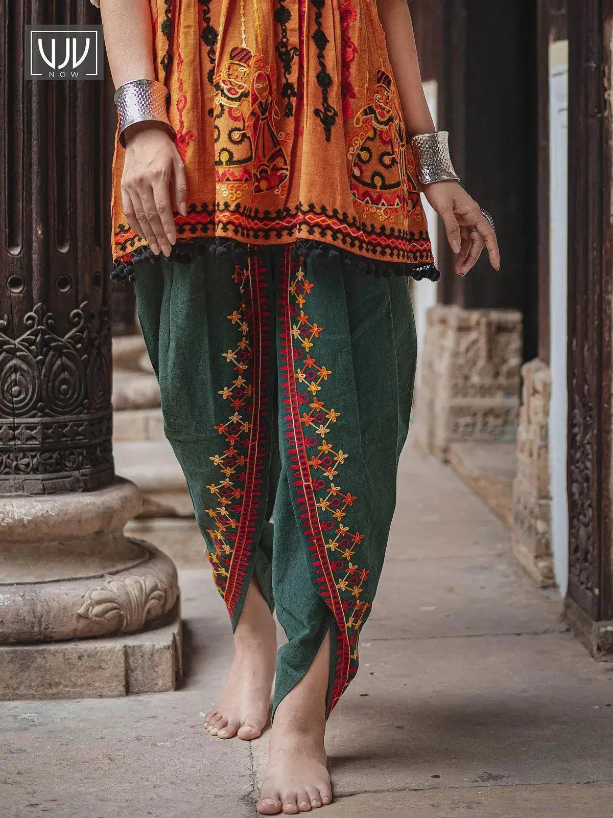 Deep green and orange rajathani dhingli couple embroidered kedia and tulip pants set