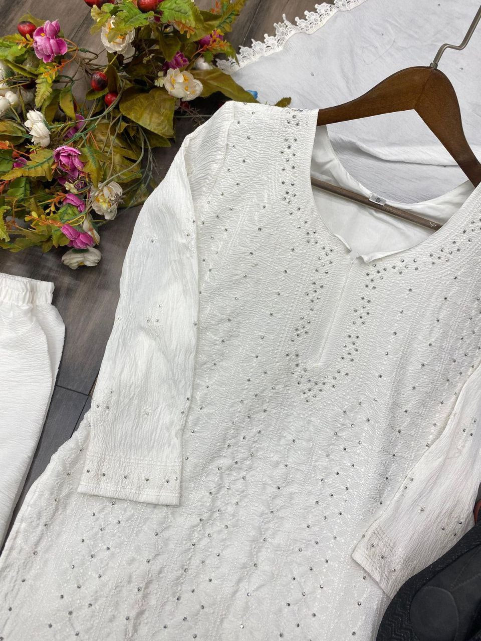 TRANDING DELTA FABRIC EMBLISHED COTTON THREAD EMBROIDERED WITH DAIMOND WORK AND PLAZO WITH DUPATTA