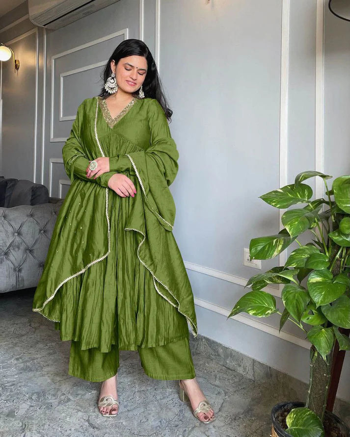 Green Mul Chanderi Anarkali Suit Set