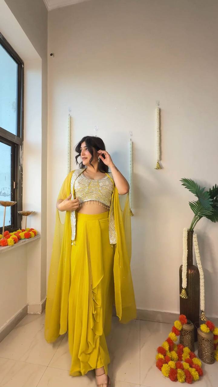 NEW THREE PIECE INDO-WESTERN READY TO WEAR DRAPED PLATED DHOTI WITH BLOUSE AND KOTI
