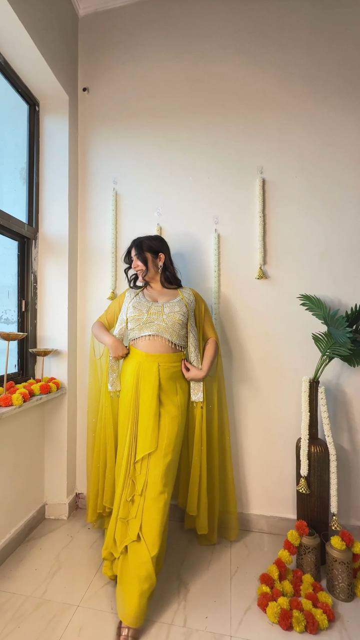 NEW THREE PIECE INDO-WESTERN READY TO WEAR DRAPED PLATED DHOTI WITH BLOUSE AND KOTI