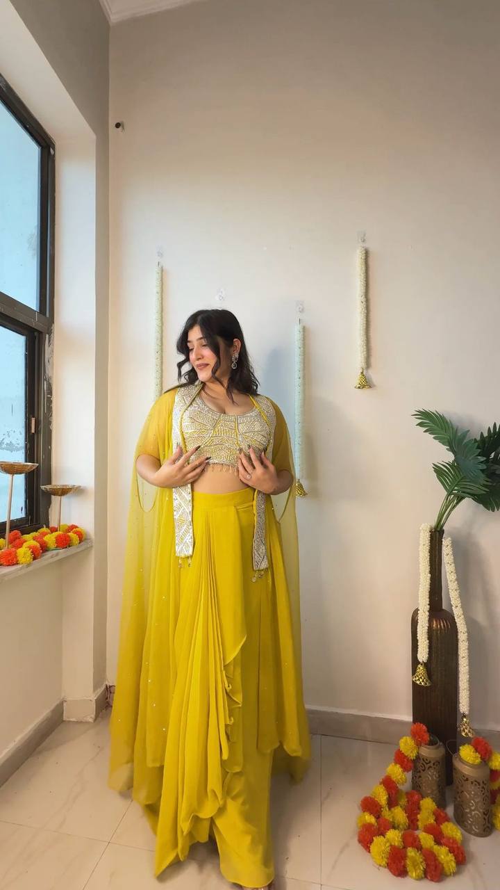NEW THREE PIECE INDO-WESTERN READY TO WEAR DRAPED PLATED DHOTI WITH BLOUSE AND KOTI