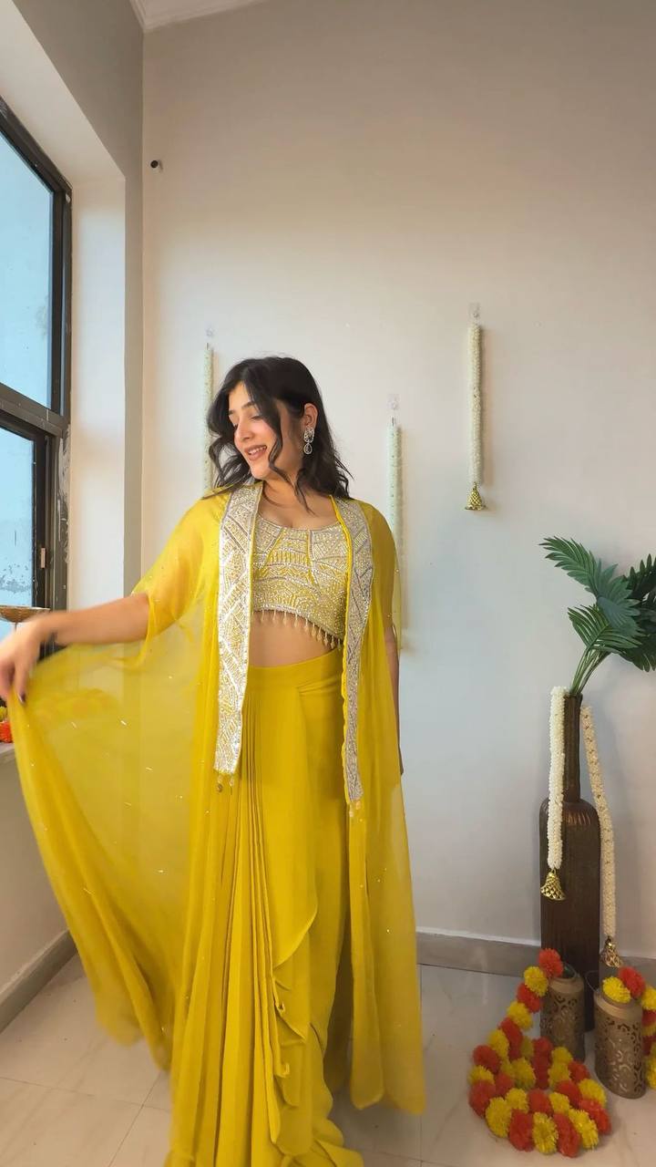 NEW THREE PIECE INDO-WESTERN READY TO WEAR DRAPED PLATED DHOTI WITH BLOUSE AND KOTI