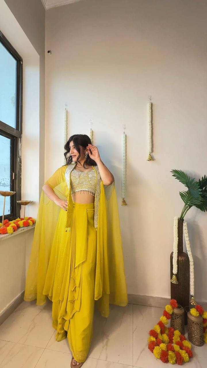 NEW THREE PIECE INDO-WESTERN READY TO WEAR DRAPED PLATED DHOTI WITH BLOUSE AND KOTI