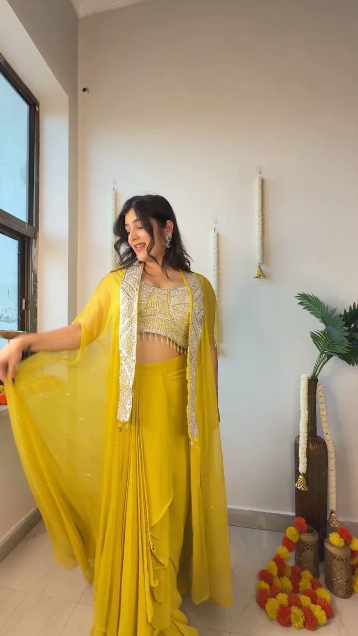 NEW THREE PIECE INDO-WESTERN READY TO WEAR DRAPED PLATED DHOTI WITH BLOUSE AND KOTI