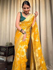 Pure Banarasi Silk Saree Weaved With Zari Comes With Heavy Banarasi Brocade Blouse