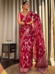 Pure Banarasi Silk Saree Weaved With Zari Comes With Heavy Banarasi Brocade Blouse