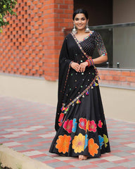 Black Color Pure Cotton With Print And Real Mirror Work Navratri Special Lehenga Choli Set