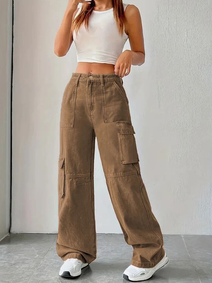 Women Cargo Jeans High Waist Stretchable Wide Leg Straight Fit Denim