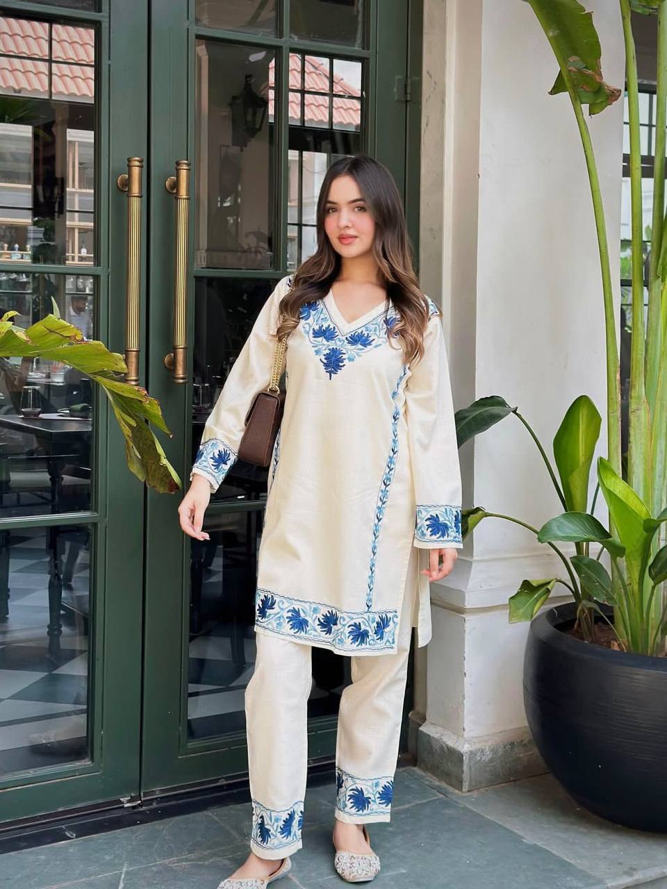 Kashmiri Aari Work Cotton Kurta with Farsi Pant