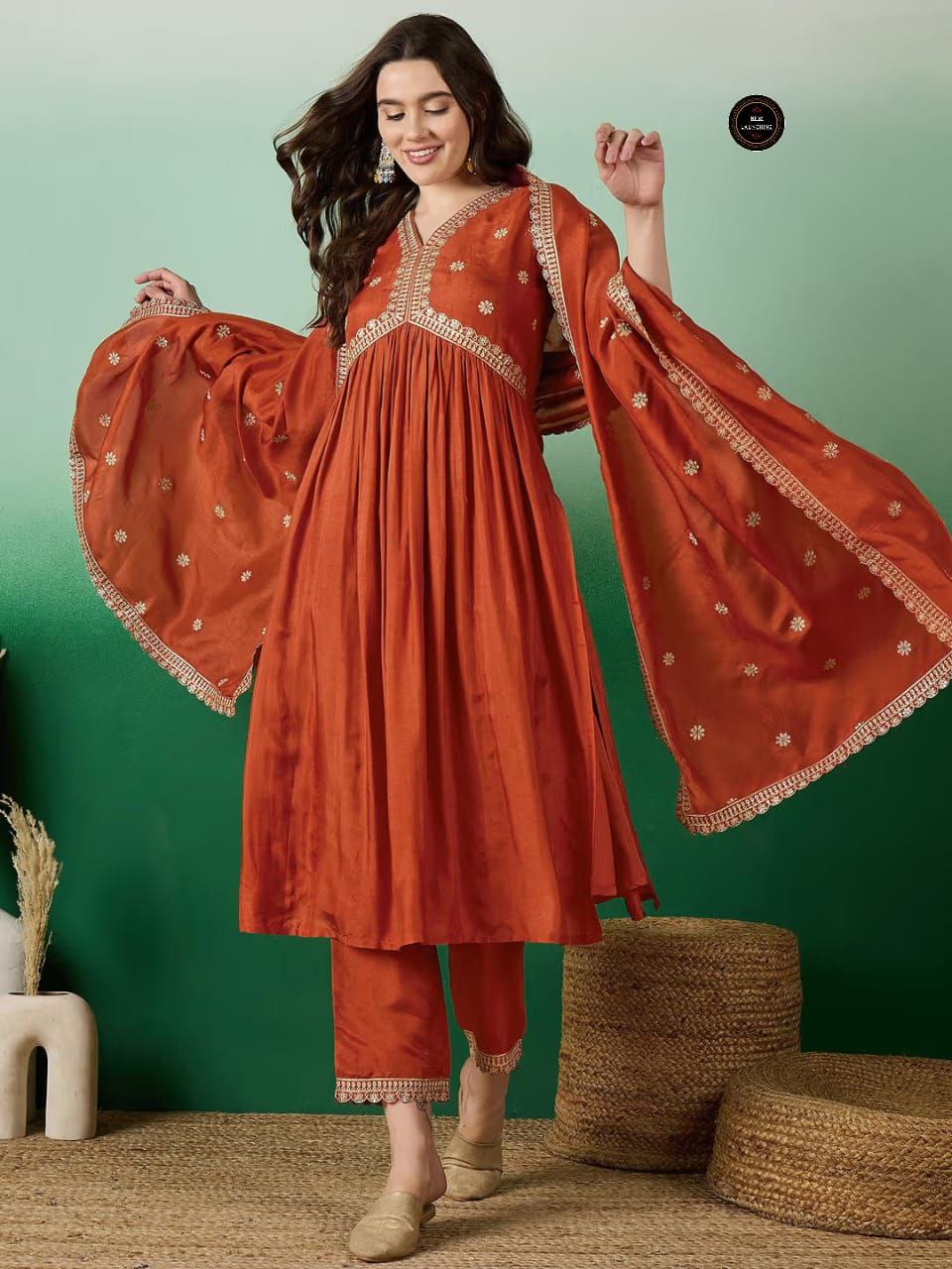 Orange Vichitra Silk Zari Work Alia Cut Kurta with Trousers & Dupatta