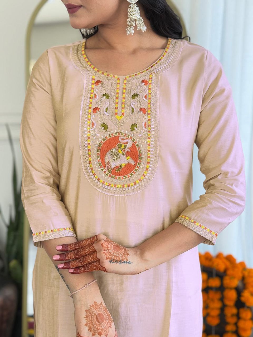 Embroidered Heavy Roman Kurta Pant Set with Chinon Dupatta