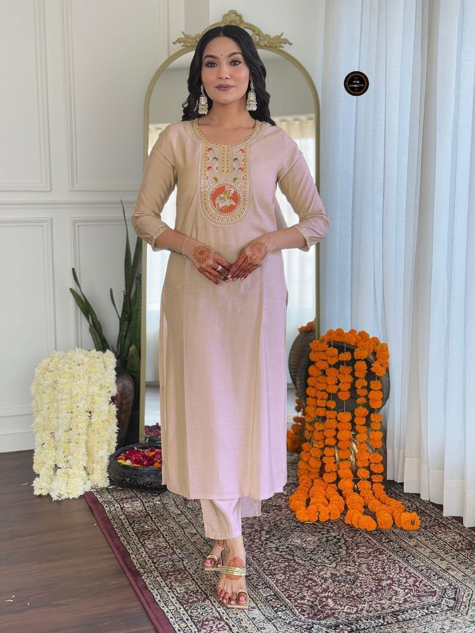 Embroidered Heavy Roman Kurta Pant Set with Chinon Dupatta