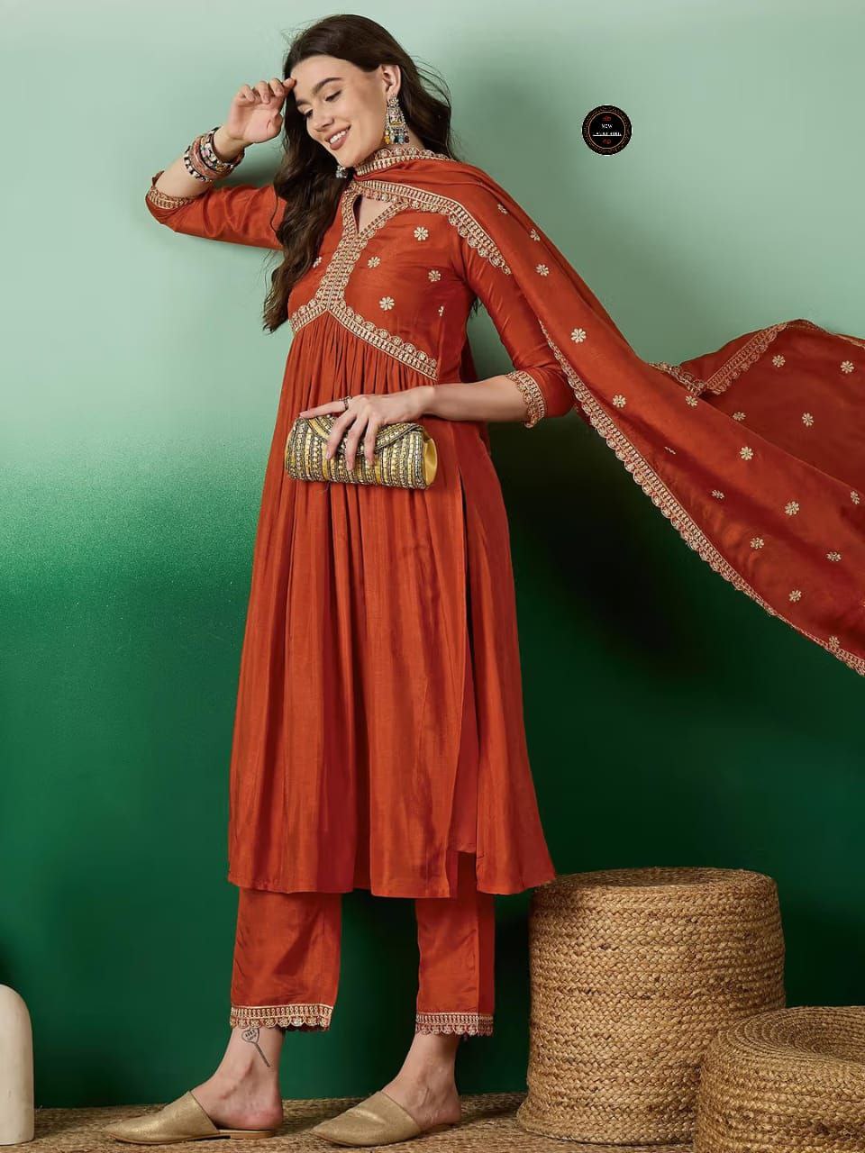 Orange Vichitra Silk Zari Work Alia Cut Kurta with Trousers & Dupatta