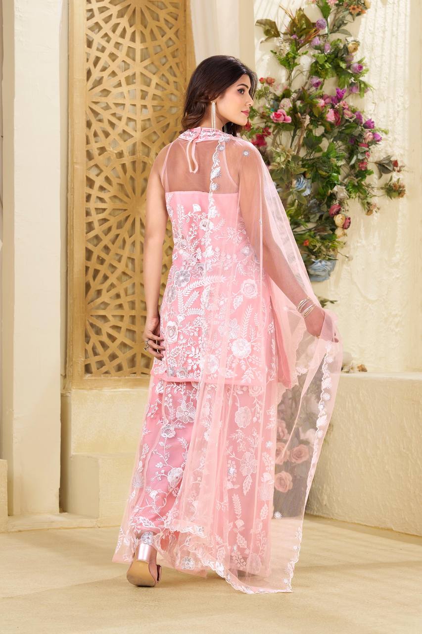 TRENDING HULTER NECK KURTA AND PLAZZO SET WITH  DUPATTA IN BUTTERFLY WITH SEQUENCE EMBROIDERY WORK