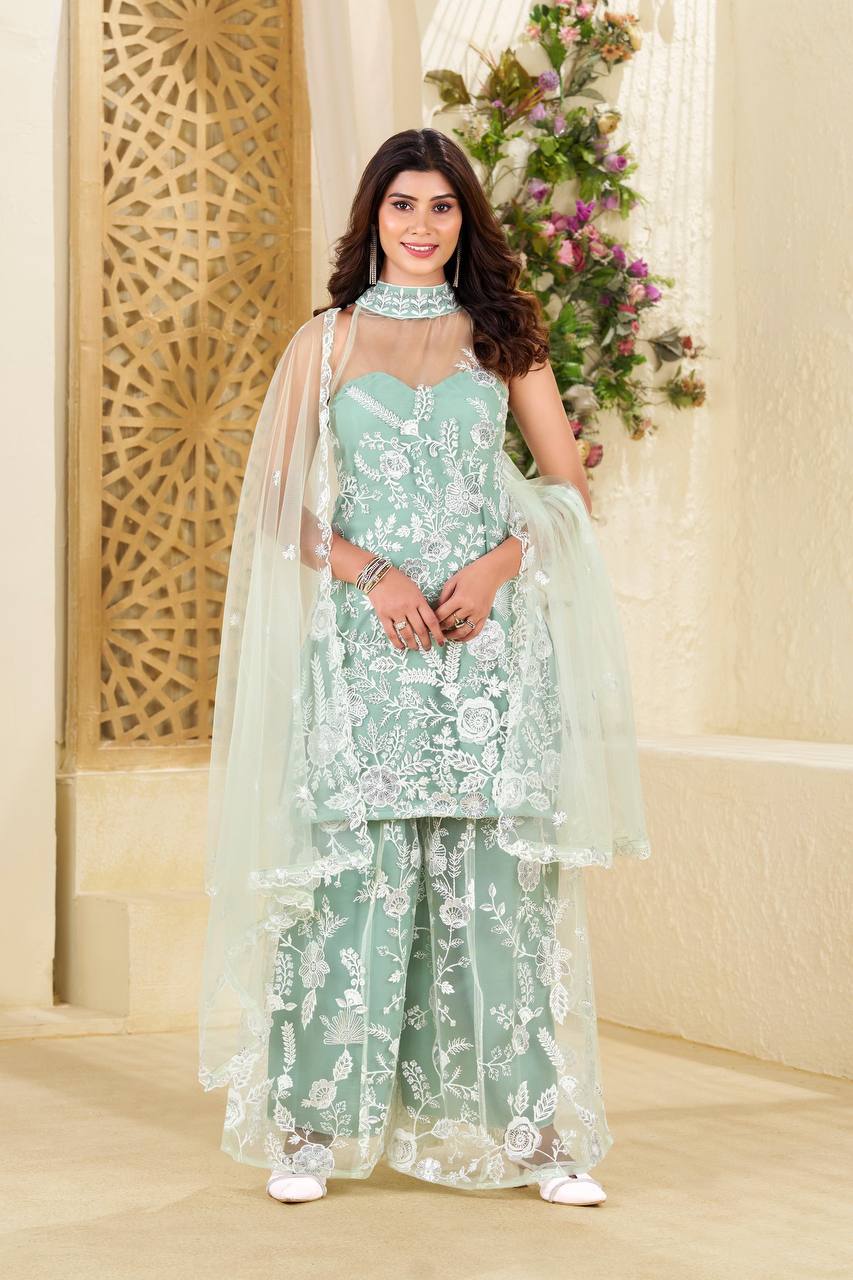 TRENDING HULTER NECK KURTA AND PLAZZO SET WITH  DUPATTA IN BUTTERFLY WITH SEQUENCE EMBROIDERY WORK