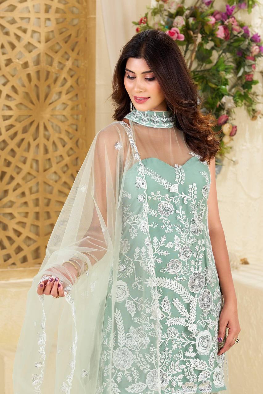 TRENDING HULTER NECK KURTA AND PLAZZO SET WITH  DUPATTA IN BUTTERFLY WITH SEQUENCE EMBROIDERY WORK