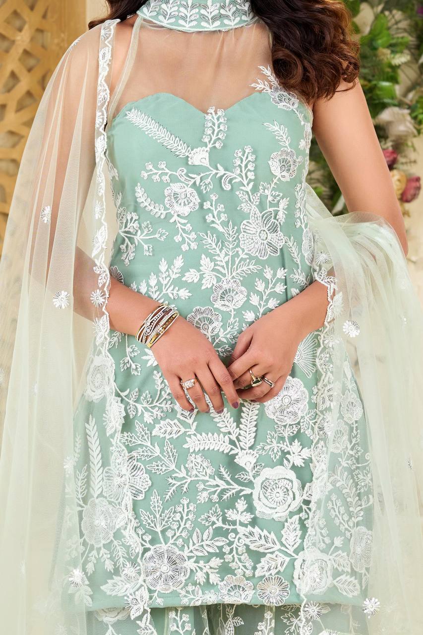 TRENDING HULTER NECK KURTA AND PLAZZO SET WITH  DUPATTA IN BUTTERFLY WITH SEQUENCE EMBROIDERY WORK