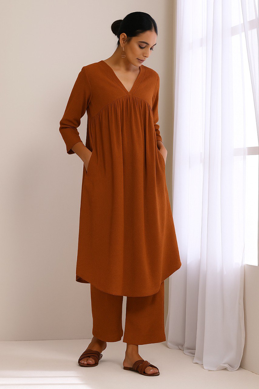 Brown Cotton Plain Kurta Pant Set