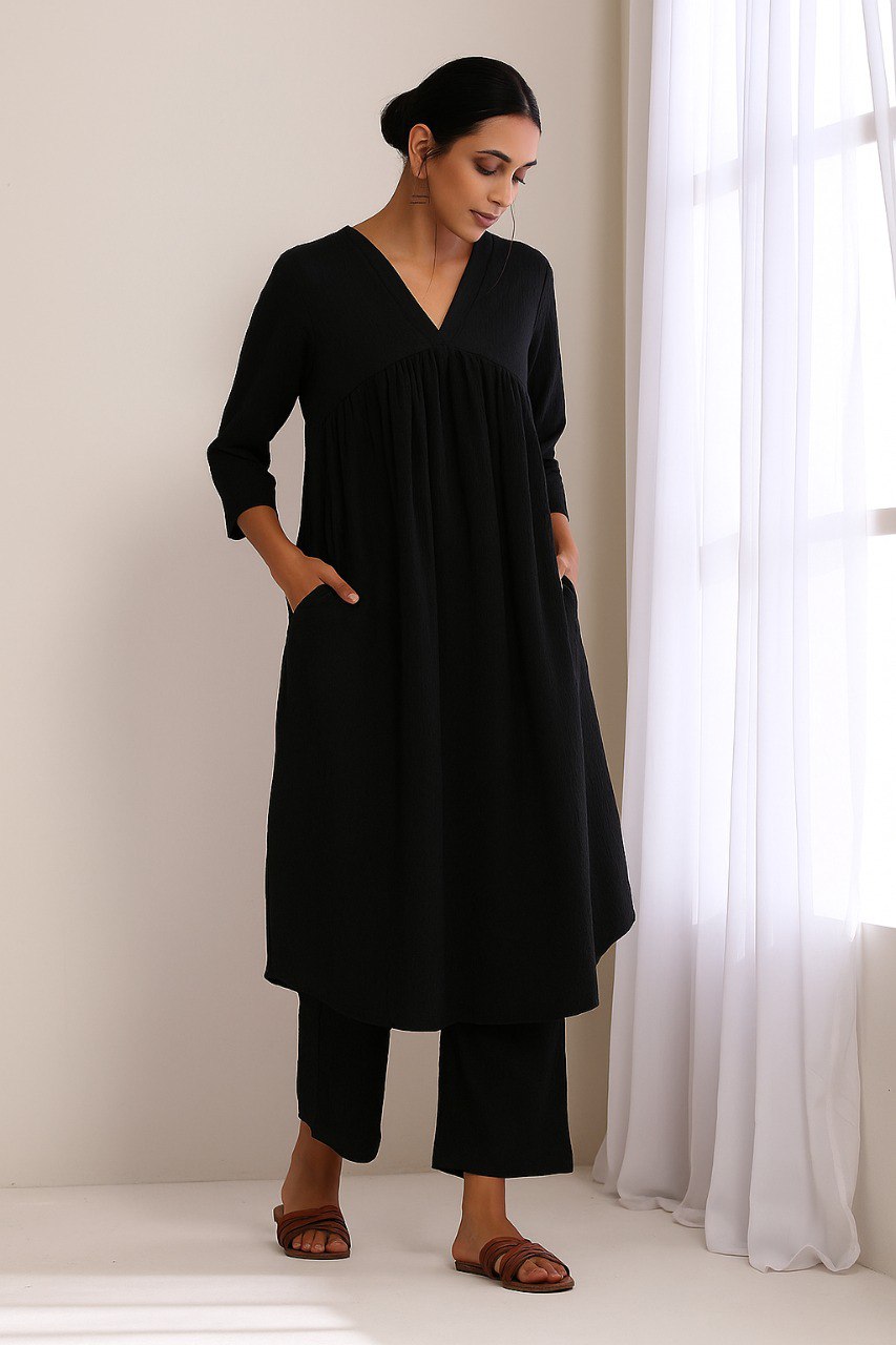 Black Cotton Plain Kurta Pant Set