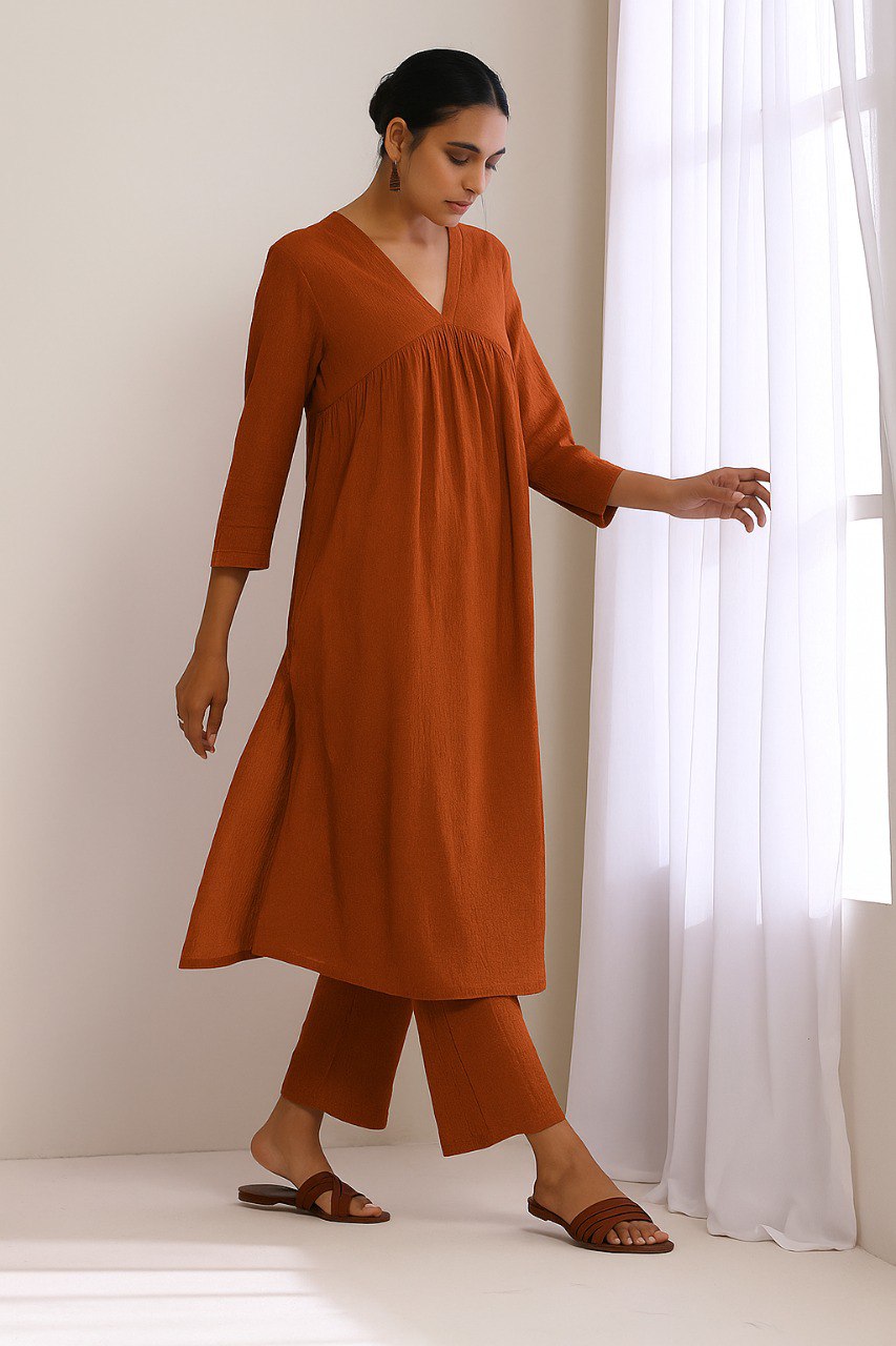 Brown Cotton Plain Kurta Pant Set