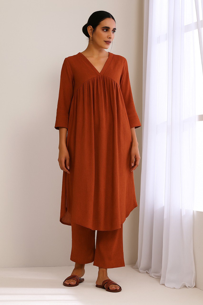 Brown Cotton Plain Kurta Pant Set