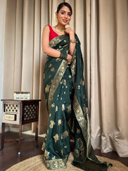 Pure Banarasi Silk Saree Weaved With Zari Comes With Heavy Banarasi Brocade Blouse