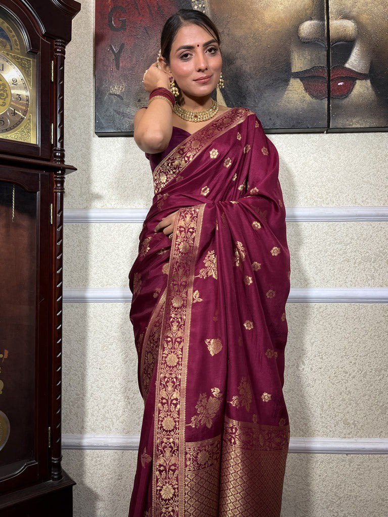 Pure Banarasi Silk Saree Weaved With Zari Comes With Heavy Banarasi Brocade Blouse