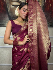 Pure Banarasi Silk Saree Weaved With Zari Comes With Heavy Banarasi Brocade Blouse