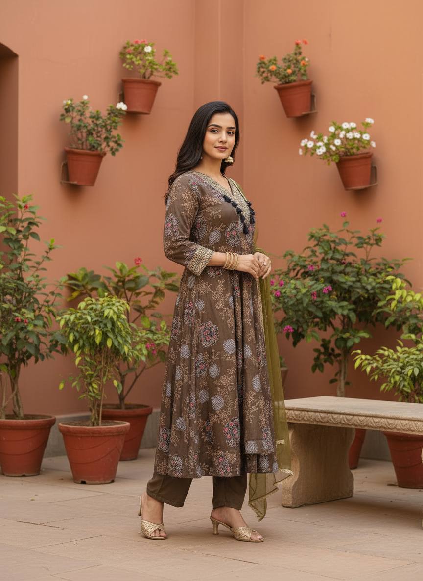 Green Embroidered With Print Work Suit Set