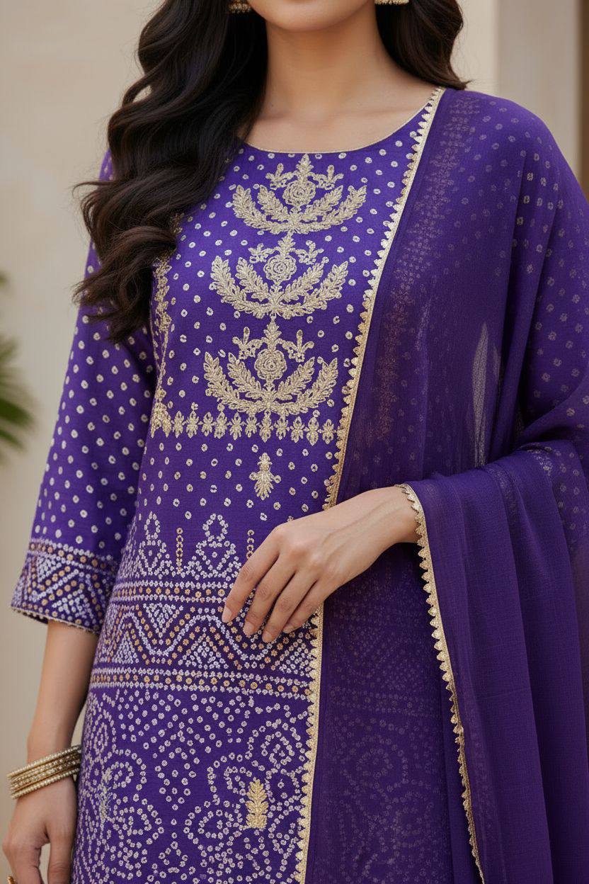Purple  Bandhani Print Embroidered Suit Set