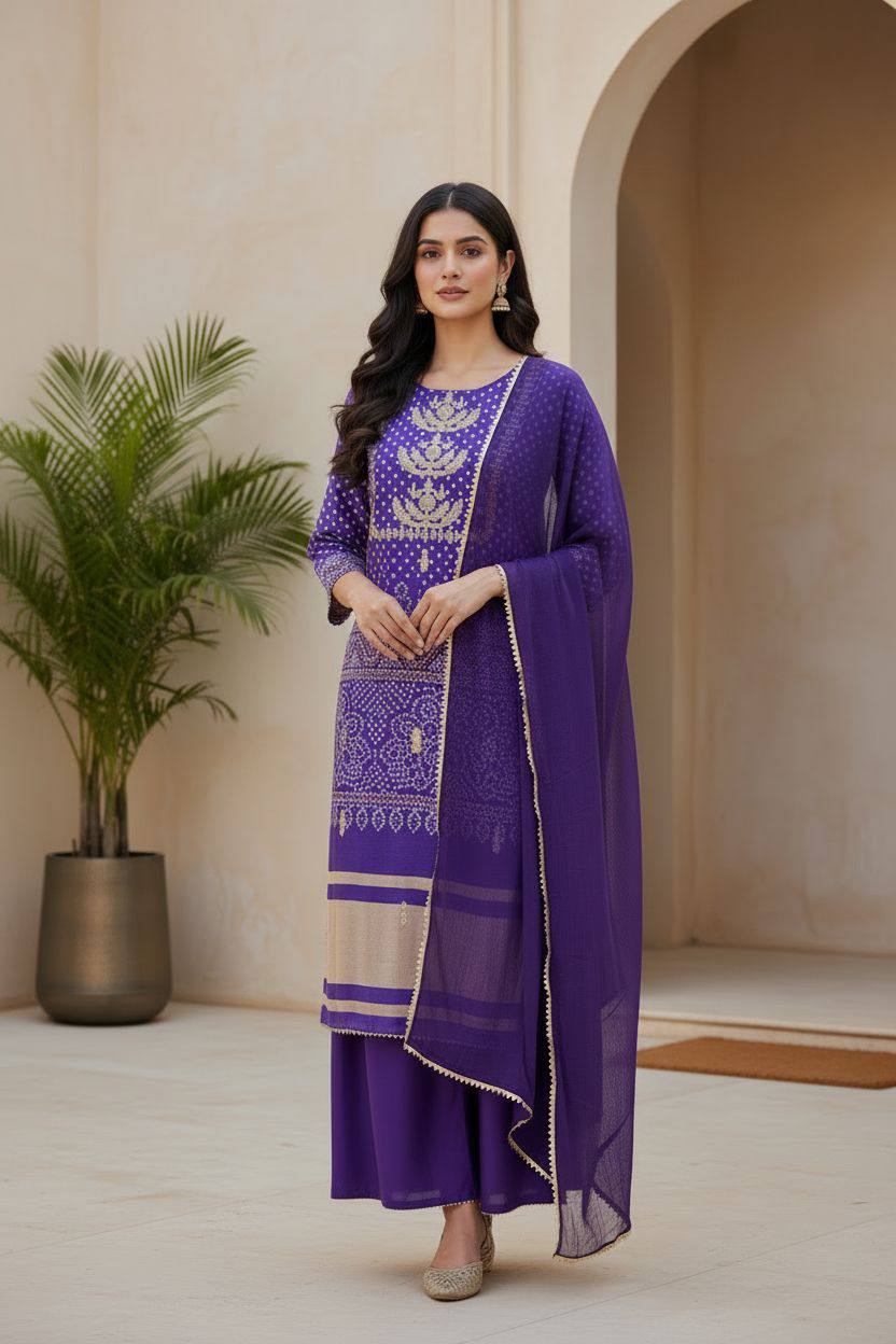 Purple  Bandhani Print Embroidered Suit Set