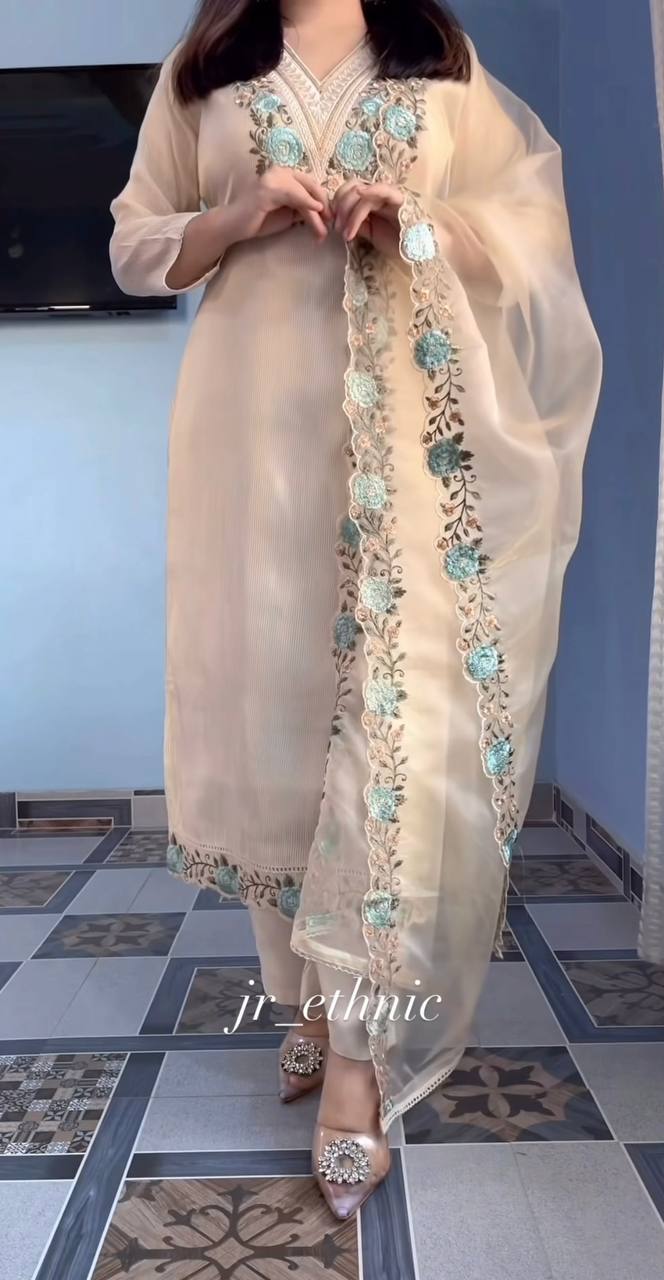 Off-White Pure Silk Strip Embroidered Suit Set