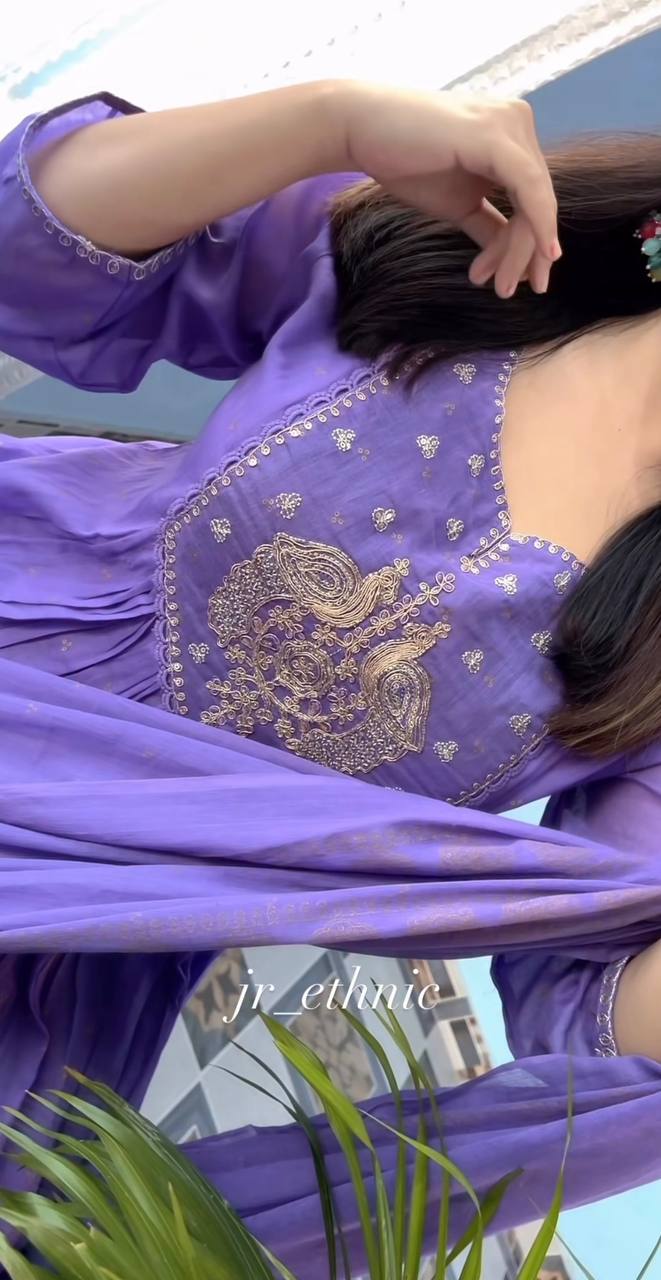 Purple Pure Cotton Embroidered Suit Set