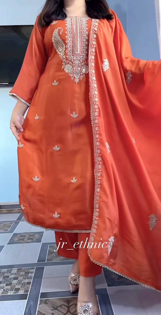 Orange Silk Embroidered Suit Set