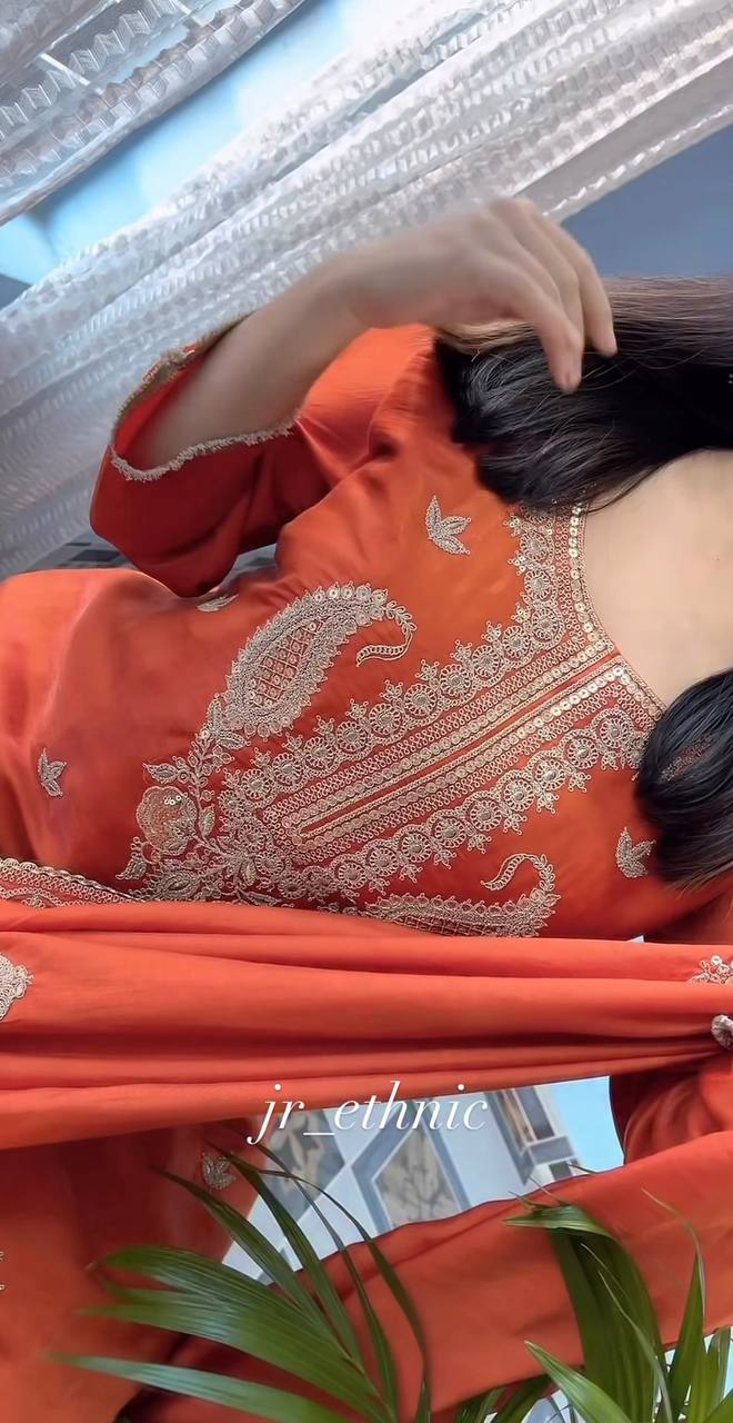 Orange Silk Embroidered Suit Set