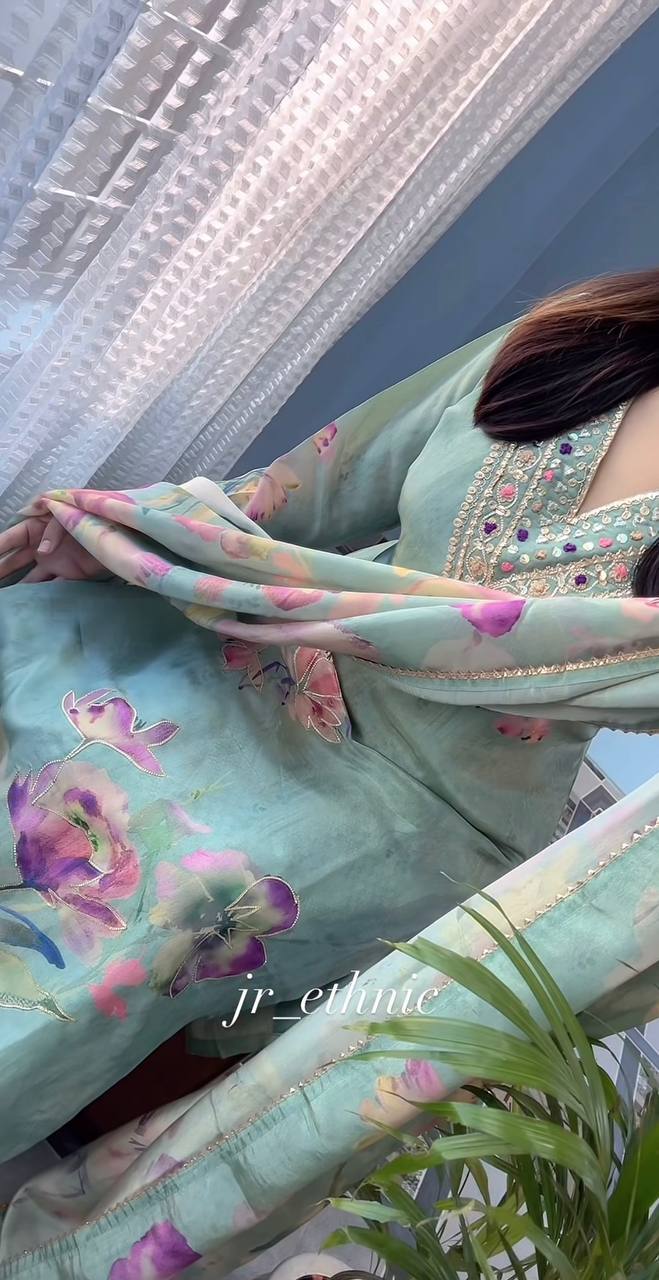 Teal Silk Embroidered With Print Work Suit Set