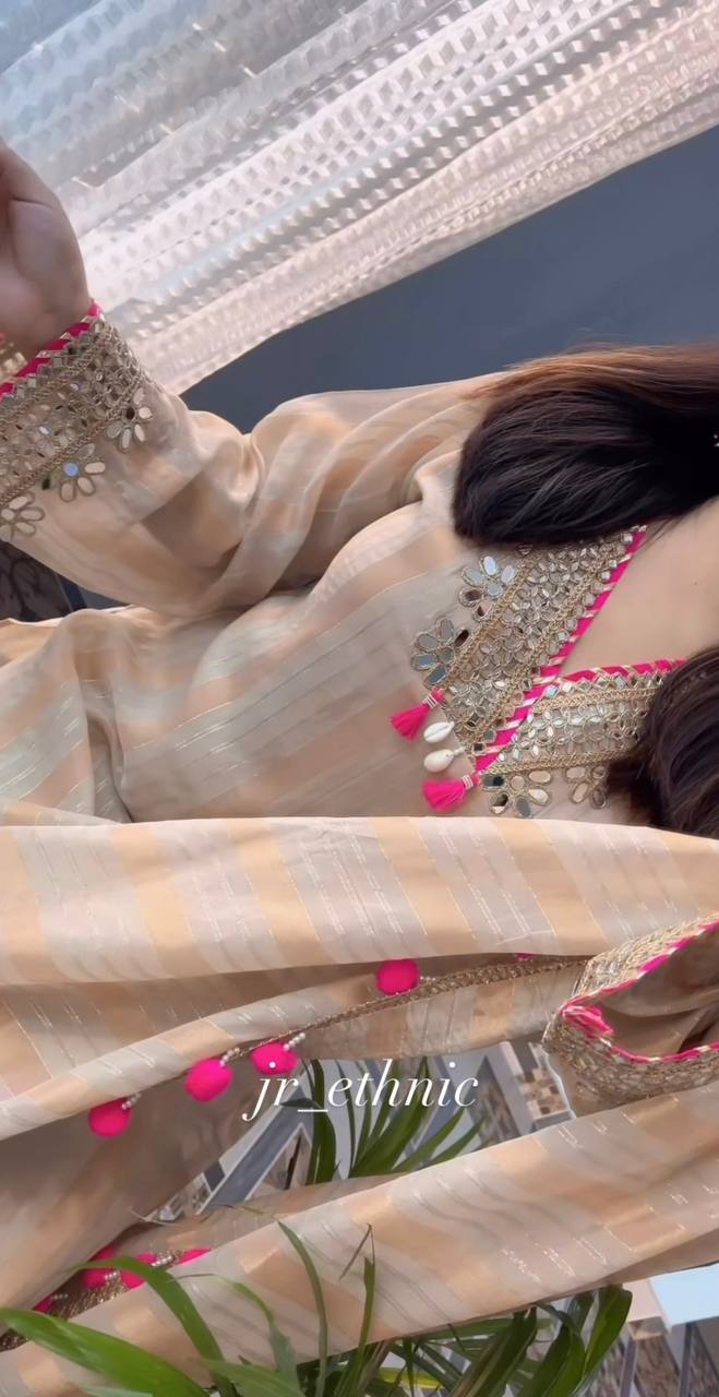 Cream Silk Embroidered With Mirror Work Suit Set