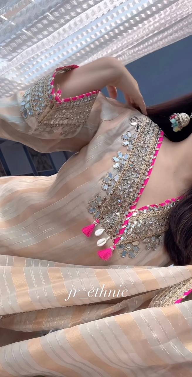 Cream Silk Embroidered With Mirror Work Suit Set